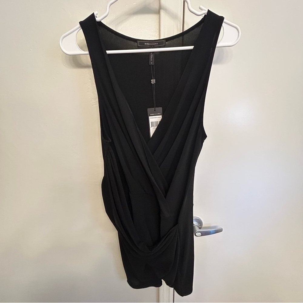 NWT BCBGMaxAzria Black Faux Wrap Draped Sleeveless V Neck Mini Dress Size Small